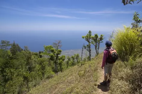 Randonnée le long de la crête nord de la caldeira du Batur, au loin la mer, Bali - Indonésie