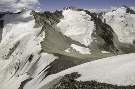 Vue depuis le sommet du cirque de Kochkol 4810m - Kirghizie