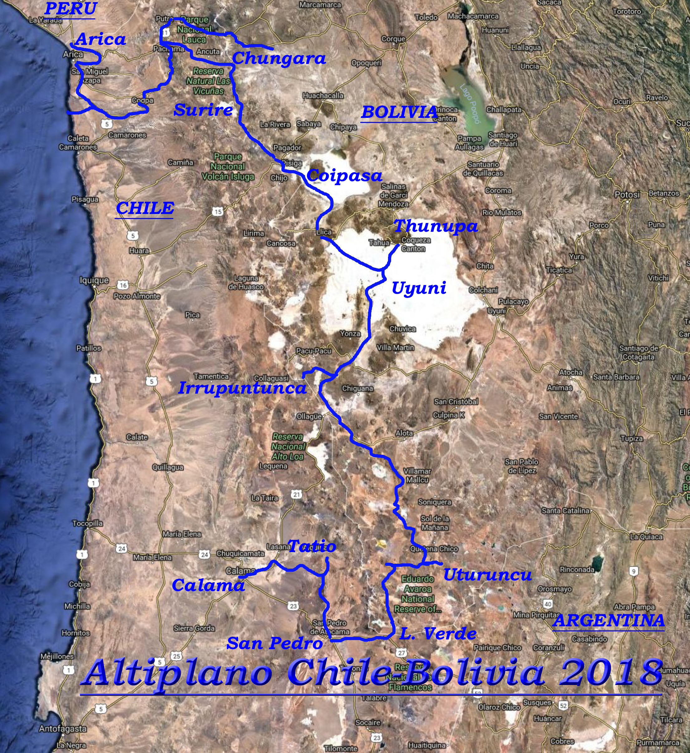 Carte itinéraire salr et volcan chili bolivie Tirawa