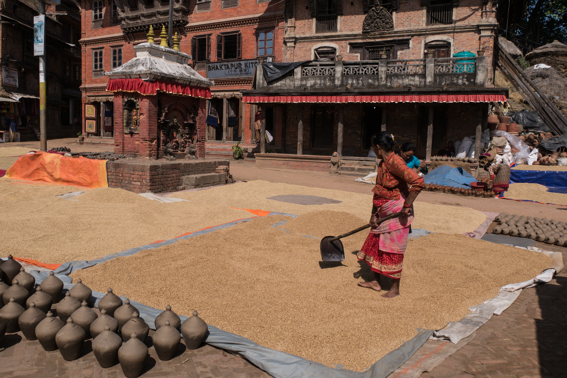Les poteries et le riz sèchent sur la place - La vallée de Kathmandu