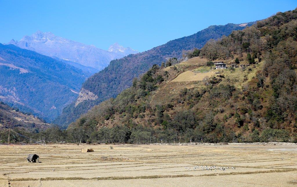 Vue vers la barrière montagneuse qui sépare le Bhoutan du Tibet