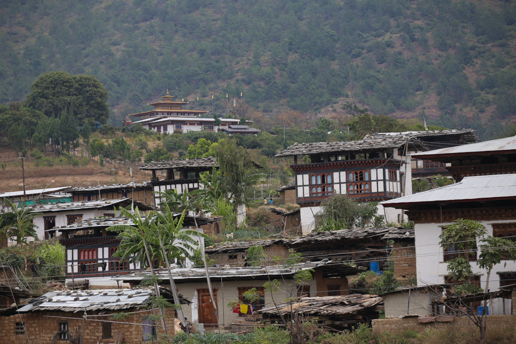 Fermes autour de Lobeysa, avec le temple de Chhimi Lhakhang au fond