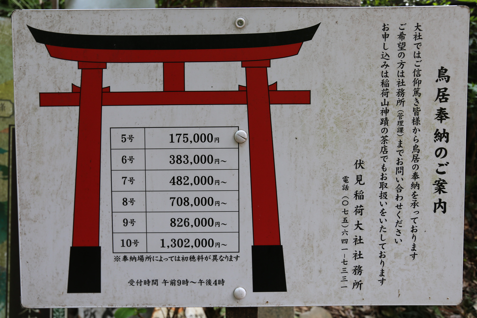 tarification officielle suivant la taille des torii - Kyoto