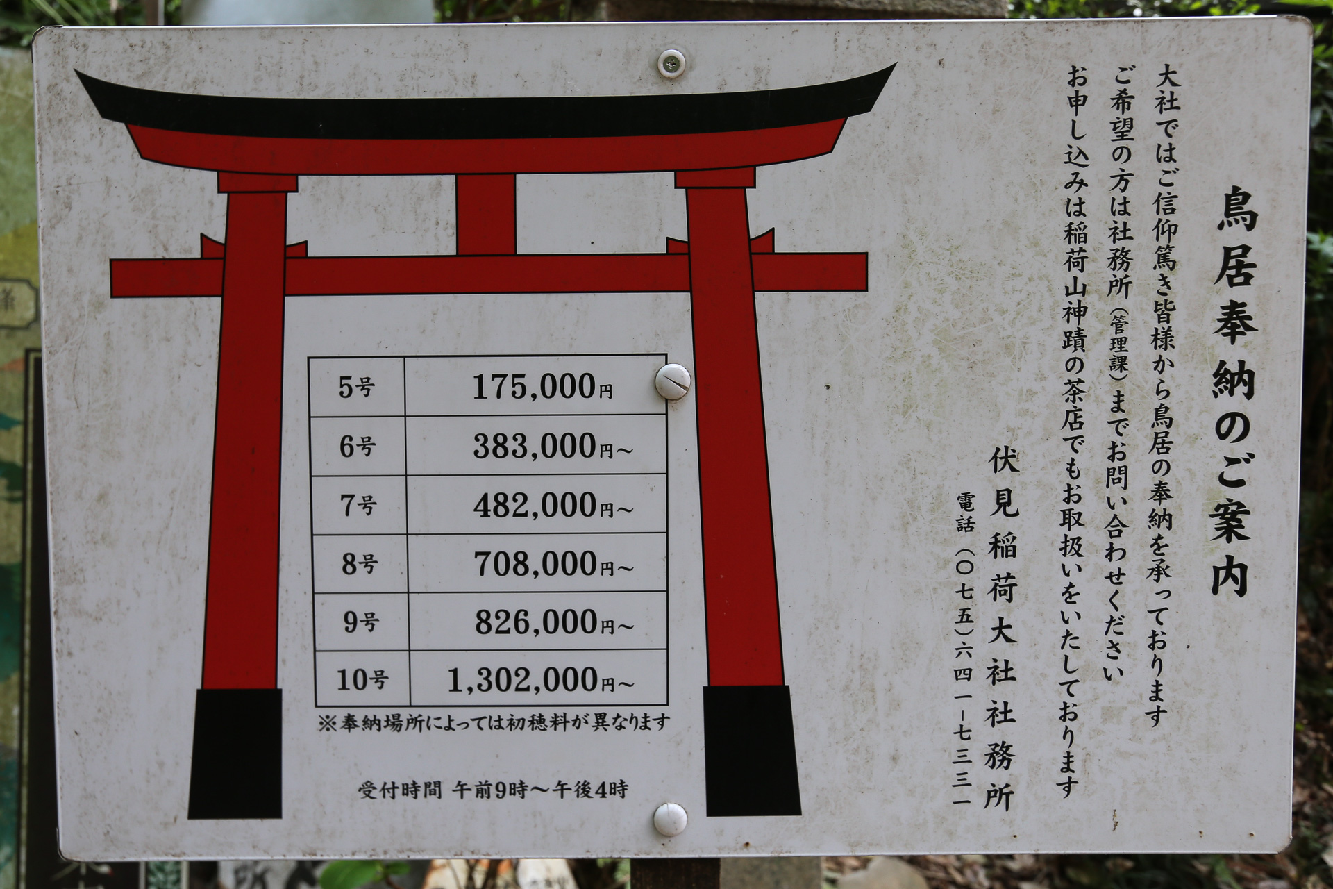 tarification officielle suivant la taille des torii - Kyoto