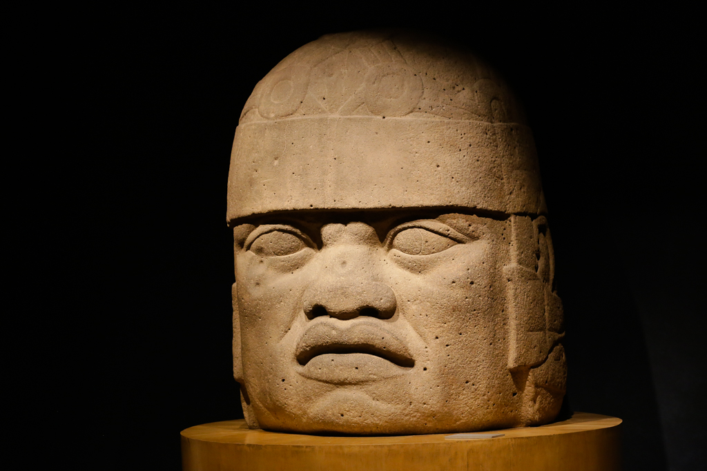 Une tête Olmèque. Le musée est moins riche que celui de Xalapa en têtes Olmèques mais il y a quelques beaux spécimens ! - Mexico