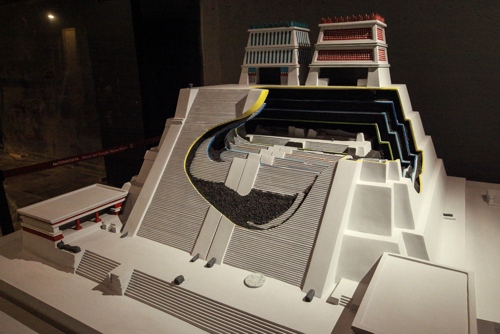 Maquette du Templo Mayor. Au sommet, deux temples qui représentaient le monde de la dualité - Centre historique de Mexico