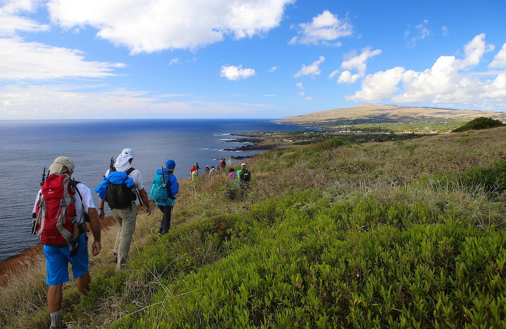 Arrivée sur le bord de la caldera - Ile de Pâques : volcan Rano Kau